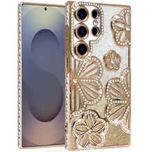 For Samsung S25 Ultra Case Bling Floral 3D Glitter Phone Cover + Tempered Glass