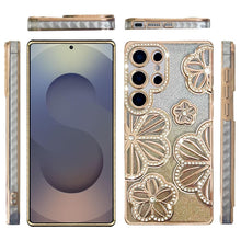 For Samsung S25 Ultra Case Bling Floral 3D Glitter Phone Cover + Tempered Glass