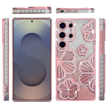 For Samsung S26 Ultra Case Bling Floral 3D Glitter Phone Cover + Tempered Glass