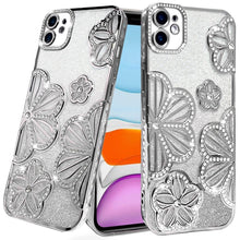 For iPhone 11 6.1 in. Case Bling Floral 3D Glitter Phone Cover + Tempered Glass