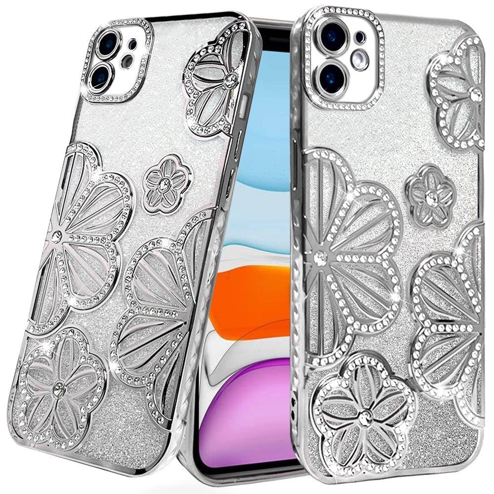 For iPhone 11 6.1 in. Case Bling Floral 3D Glitter Phone Cover + Tempered Glass