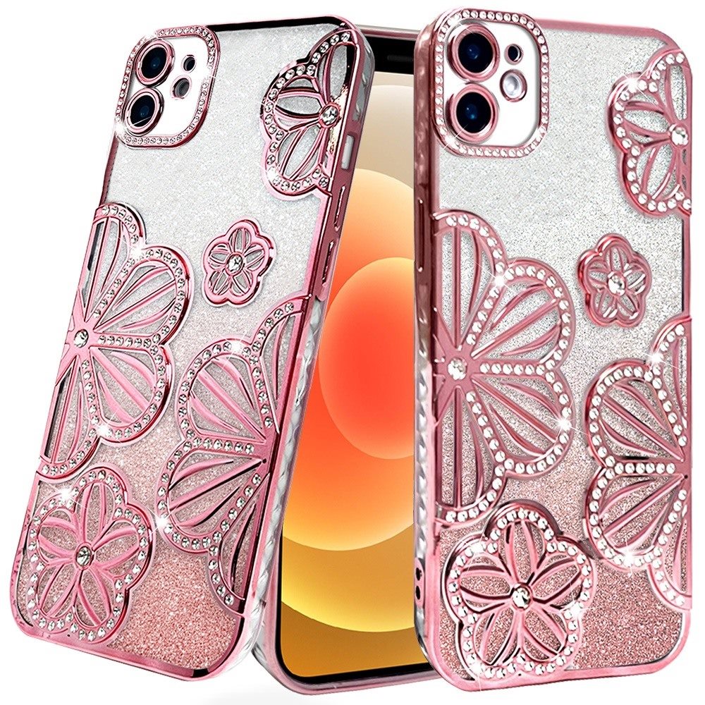 For iPhone 12/12 Pro Case Bling Floral 3D Glitter Phone Cover + Tempered Glass