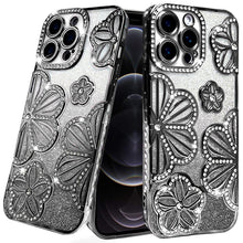 For iPhone 12 Pro Max Case Bling Floral 3D Glitter Phone Cover + Tempered Glass
