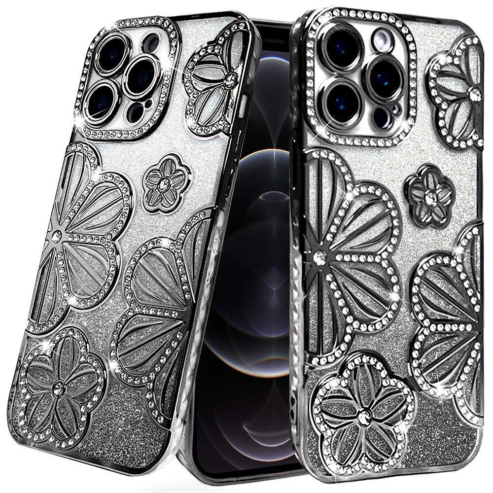 For iPhone 12 Pro Max Case Bling Floral 3D Glitter Phone Cover + Tempered Glass