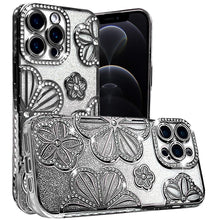 For iPhone 12 Pro Max Case Bling Floral 3D Glitter Phone Cover + Tempered Glass