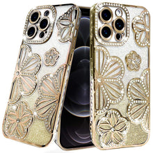 For iPhone 12 Pro Max Case Bling Floral 3D Glitter Phone Cover + Tempered Glass