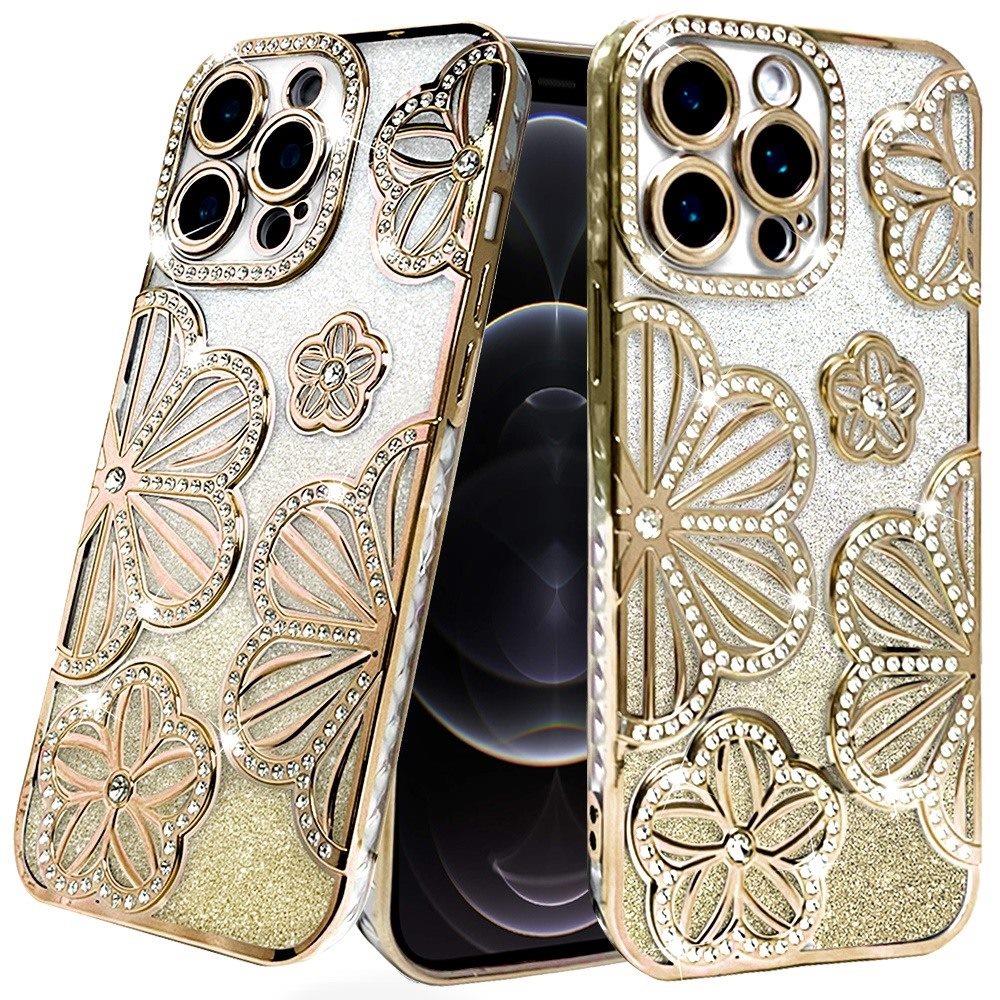 For iPhone 12 Pro Max Case Bling Floral 3D Glitter Phone Cover + Tempered Glass