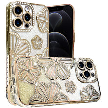 For iPhone 12 Pro Max Case Bling Floral 3D Glitter Phone Cover + Tempered Glass