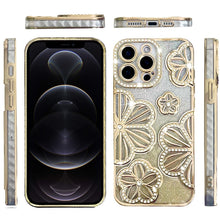 For iPhone 12 Pro Max Case Bling Floral 3D Glitter Phone Cover + Tempered Glass