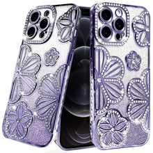 For iPhone 12 Pro Max Case Bling Floral 3D Glitter Phone Cover + Tempered Glass