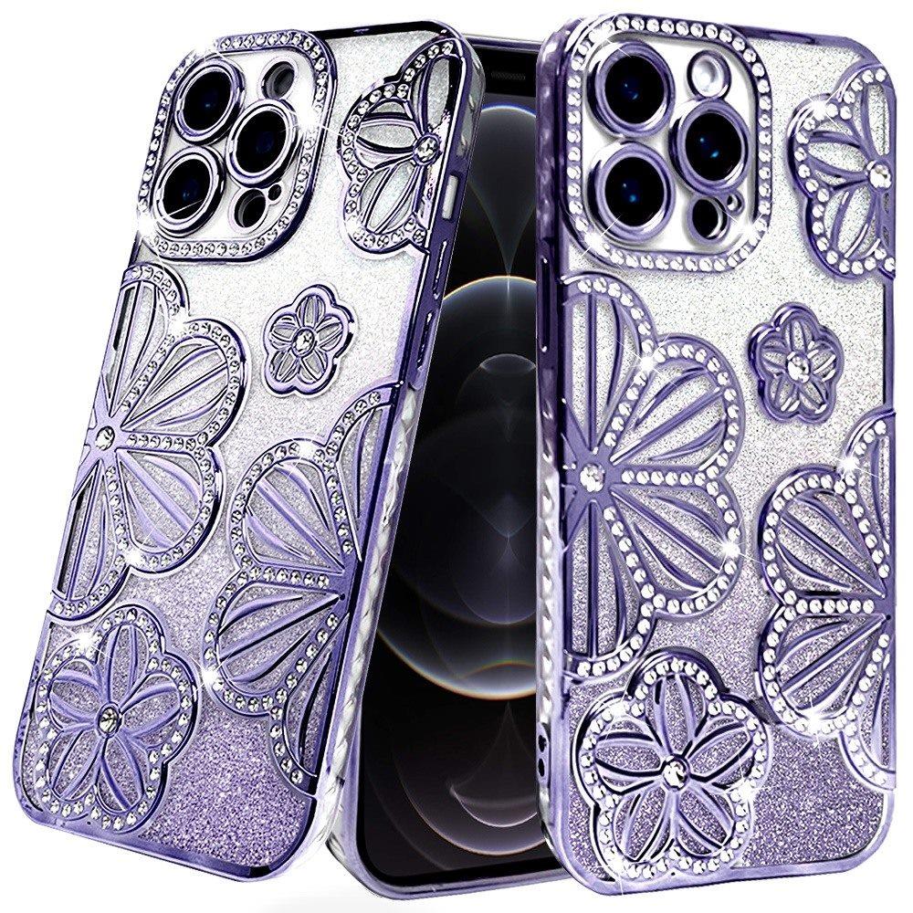 For iPhone 12 Pro Max Case Bling Floral 3D Glitter Phone Cover + Tempered Glass