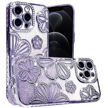 For iPhone 12 Pro Max Case Bling Floral 3D Glitter Phone Cover + Tempered Glass