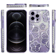 For iPhone 12 Pro Max Case Bling Floral 3D Glitter Phone Cover + Tempered Glass
