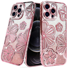 For iPhone 12 Pro Max Case Bling Floral 3D Glitter Phone Cover + Tempered Glass