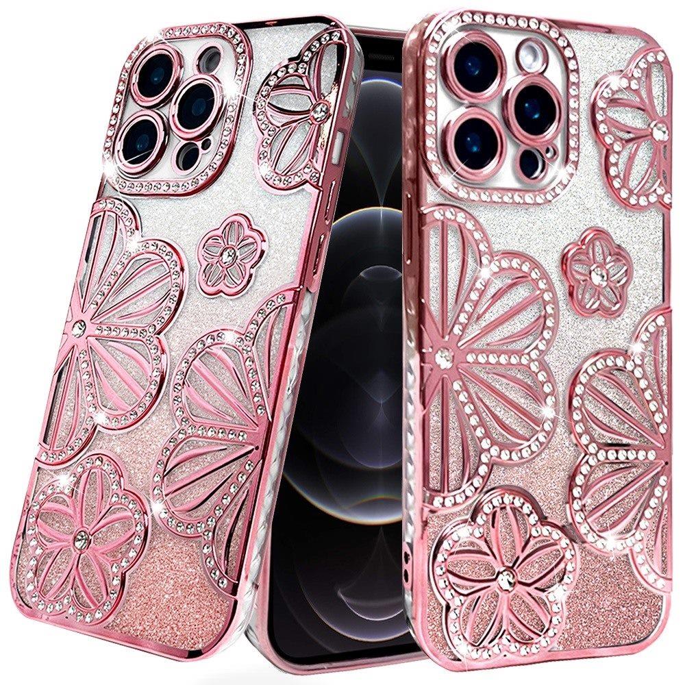 For iPhone 12 Pro Max Case Bling Floral 3D Glitter Phone Cover + Tempered Glass