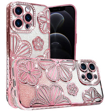 For iPhone 12 Pro Max Case Bling Floral 3D Glitter Phone Cover + Tempered Glass