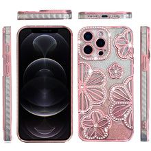 For iPhone 12 Pro Max Case Bling Floral 3D Glitter Phone Cover + Tempered Glass