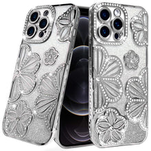 For iPhone 12 Pro Max Case Bling Floral 3D Glitter Phone Cover + Tempered Glass