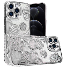 For iPhone 12 Pro Max Case Bling Floral 3D Glitter Phone Cover + Tempered Glass