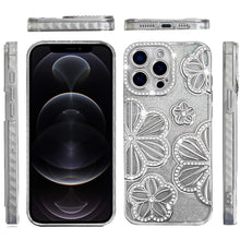 For iPhone 12 Pro Max Case Bling Floral 3D Glitter Phone Cover + Tempered Glass