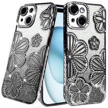 For iPhone 15 Case Bling Floral 3D Rhinestone Glitter Cover + 2 Tempered Glass