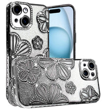 For iPhone 15 Case Bling Floral 3D Rhinestone Glitter Cover + 2 Tempered Glass