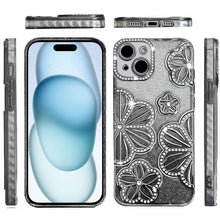 For iPhone 15 Case Bling Floral 3D Rhinestone Glitter Cover + 2 Tempered Glass