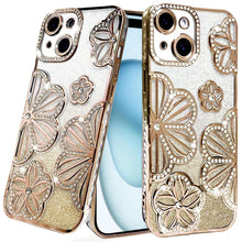 For iPhone 15 Case Bling Floral 3D Rhinestone Glitter Cover + 2 Tempered Glass