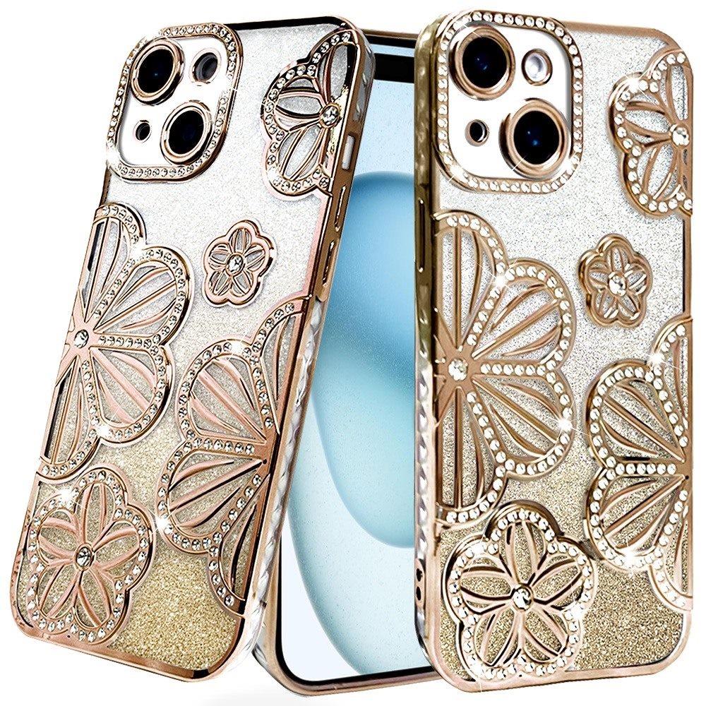 For iPhone 15 Case Bling Floral 3D Rhinestone Glitter Cover + 2 Tempered Glass