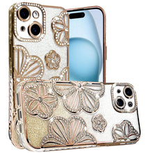 For iPhone 15 Case Bling Floral 3D Rhinestone Glitter Cover + 2 Tempered Glass