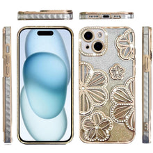 For iPhone 15 Case Bling Floral 3D Rhinestone Glitter Cover + 2 Tempered Glass