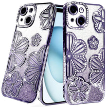 For iPhone 15 Case Bling Floral 3D Rhinestone Glitter Cover + 2 Tempered Glass