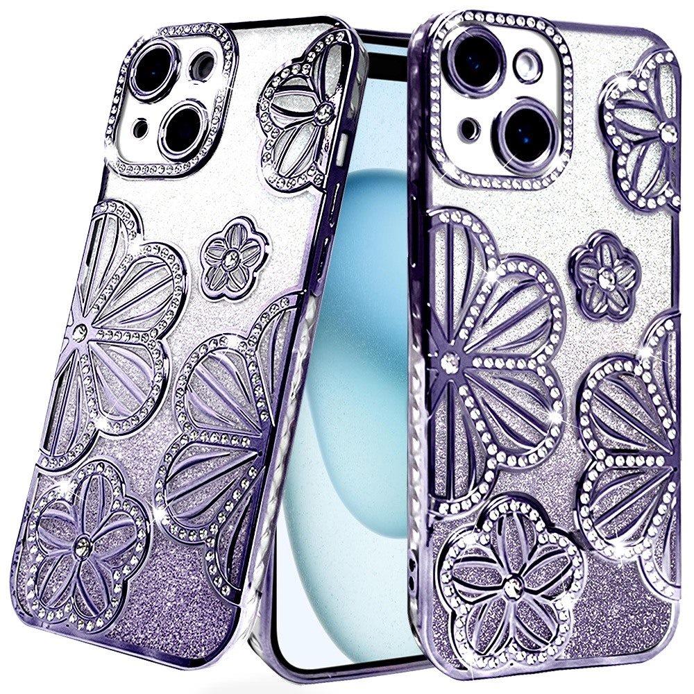 For iPhone 15 Case Bling Floral 3D Rhinestone Glitter Cover + 2 Tempered Glass