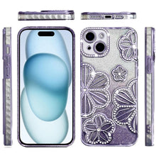 For iPhone 15 Case Bling Floral 3D Rhinestone Glitter Cover + 2 Tempered Glass