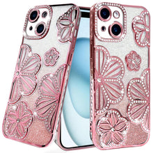 For iPhone 15 Case Bling Floral 3D Rhinestone Glitter Cover + 2 Tempered Glass