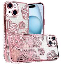 For iPhone 15 Case Bling Floral 3D Rhinestone Glitter Cover + 2 Tempered Glass