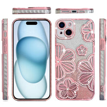 For iPhone 15 Case Bling Floral 3D Rhinestone Glitter Cover + 2 Tempered Glass