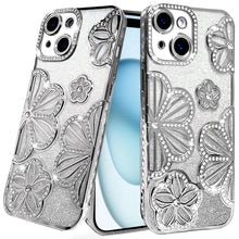 For iPhone 15 Case Bling Floral 3D Rhinestone Glitter Cover + 2 Tempered Glass