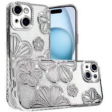 For iPhone 15 Case Bling Floral 3D Rhinestone Glitter Cover + 2 Tempered Glass