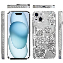 For iPhone 15 Case Bling Floral 3D Rhinestone Glitter Cover + 2 Tempered Glass
