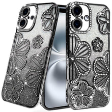 For iPhone 16 6.1inch Case Bling Floral 3D Glitter Phone Cover + Tempered Glass