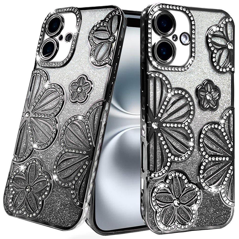For iPhone 16 6.1inch Case Bling Floral 3D Glitter Phone Cover + Tempered Glass