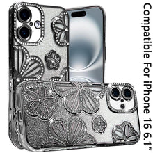 For iPhone 16 6.1inch Case Bling Floral 3D Glitter Phone Cover + Tempered Glass
