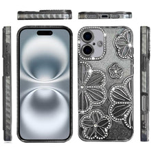For iPhone 16 6.1inch Case Bling Floral 3D Glitter Phone Cover + Tempered Glass