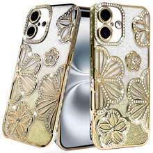 For iPhone 16 6.1inch Case Bling Floral 3D Glitter Phone Cover + Tempered Glass