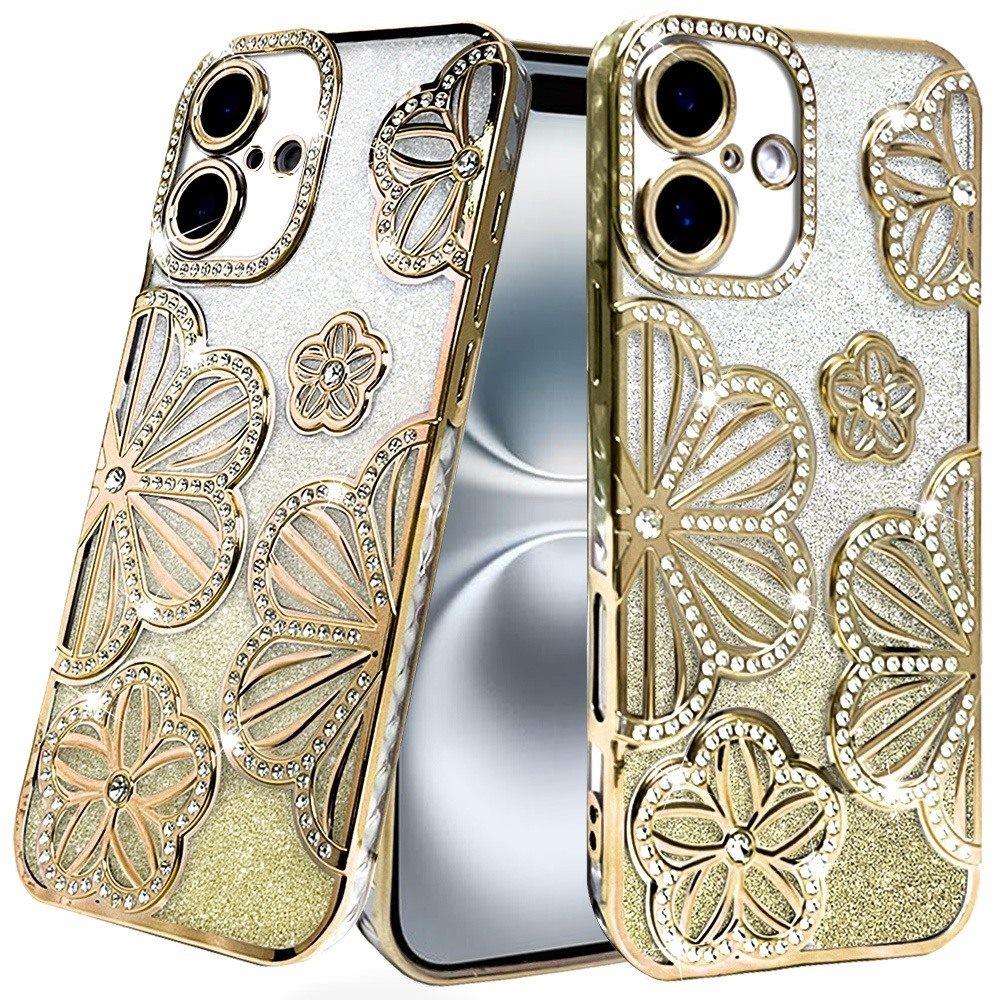 For iPhone 16 6.1inch Case Bling Floral 3D Glitter Phone Cover + Tempered Glass