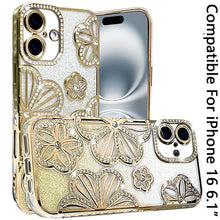 For iPhone 16 6.1inch Case Bling Floral 3D Glitter Phone Cover + Tempered Glass