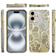 For iPhone 16 6.1inch Case Bling Floral 3D Glitter Phone Cover + Tempered Glass