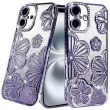 For iPhone 16 6.1inch Case Bling Floral 3D Glitter Phone Cover + Tempered Glass