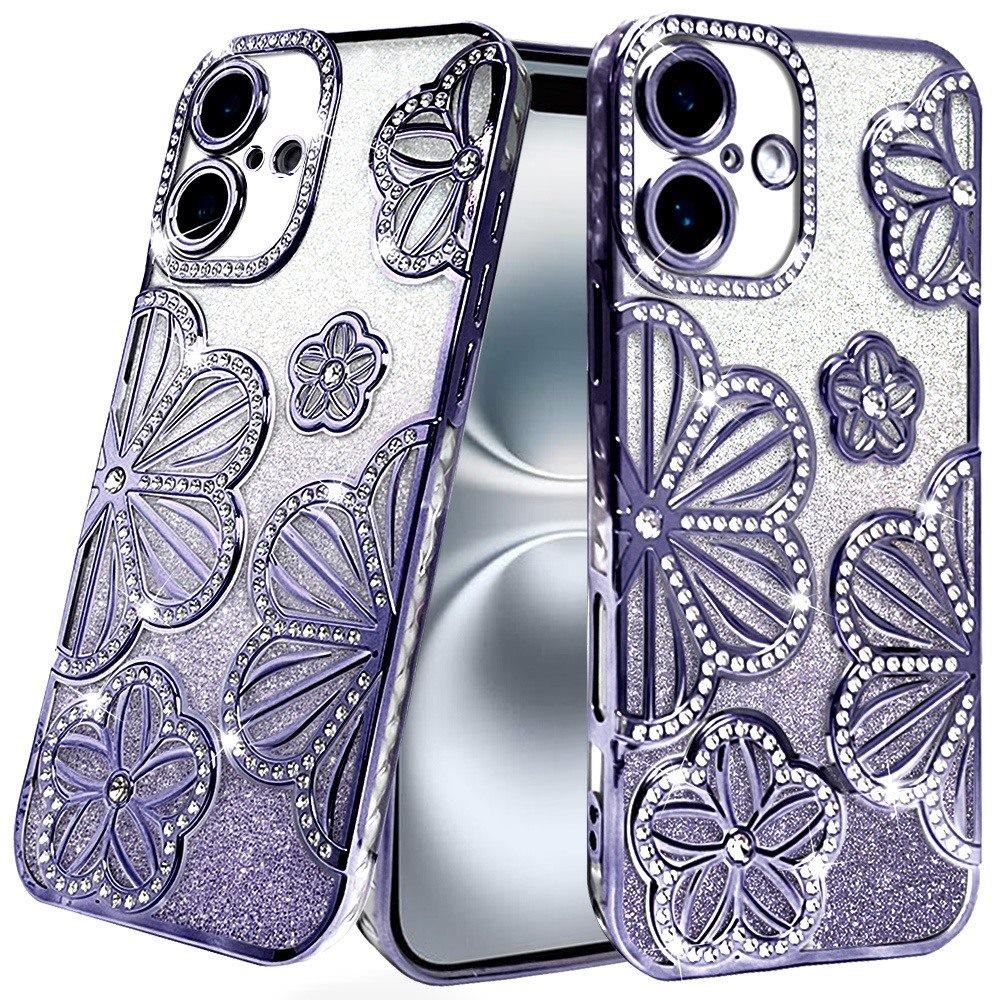 For iPhone 16 6.1inch Case Bling Floral 3D Glitter Phone Cover + Tempered Glass